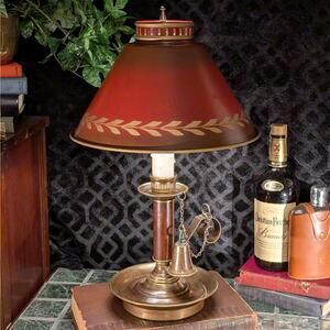 Brass & Leather Vintage Chamberstick Lamp w/ Finger Loop & Red Metal Tole Shade